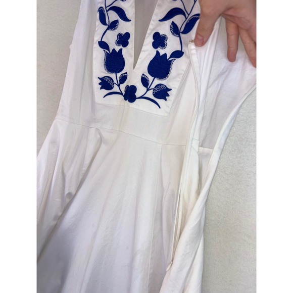 KATE SPADE White Blue Dress Zig Zag Floral Embroidered Fit Flare Midi Sleeveless - Picture 9 of 15